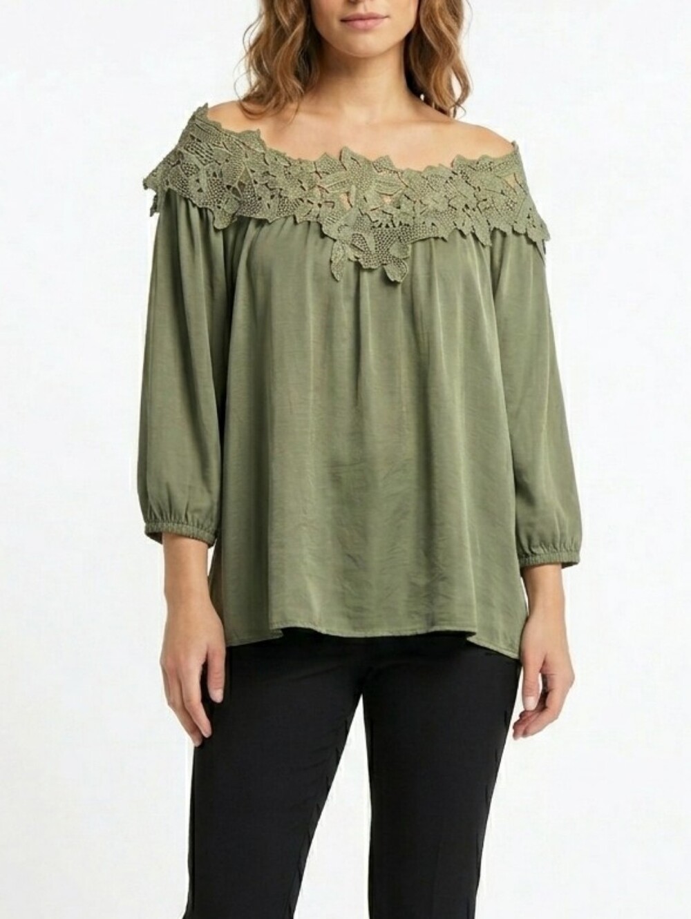 : Adreamly Olive Green Boho Lace-Trim Blouse - Size XL